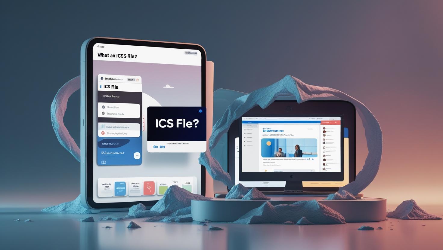 Illustration of an ICS calendar file icon next to modern webinar platforms and digital calendar interfaces"