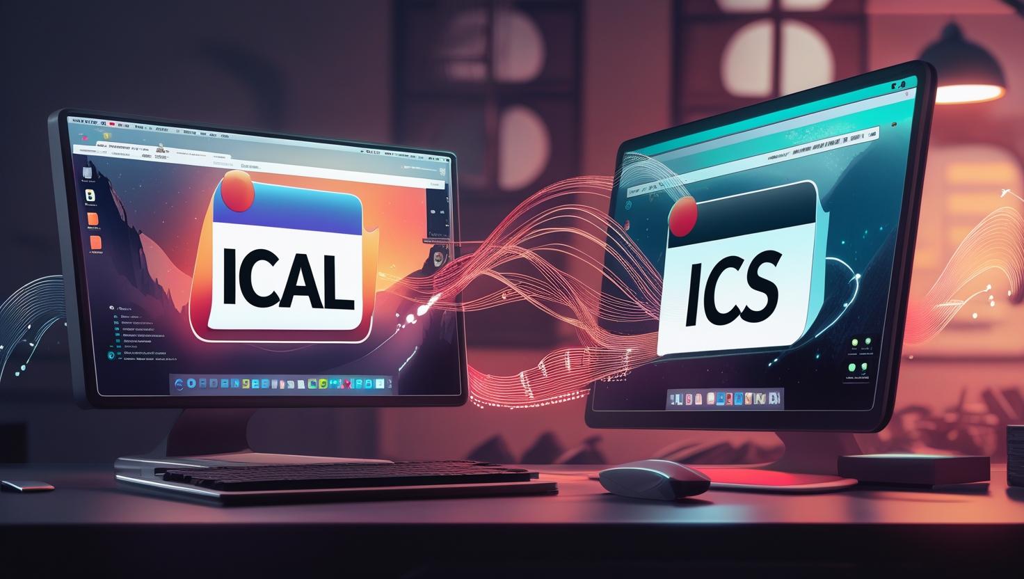 Illustration showing the difference between an iCal standard and an ICS file used in calendar applications like Outlook, Google Calendar, and Apple Calendar.