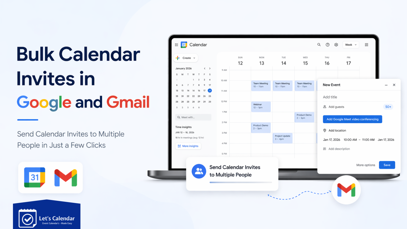 Bulk Calendar Invites in Google and Gmail dashboard showing mass invite scheduling through Gmail and Google Calendar