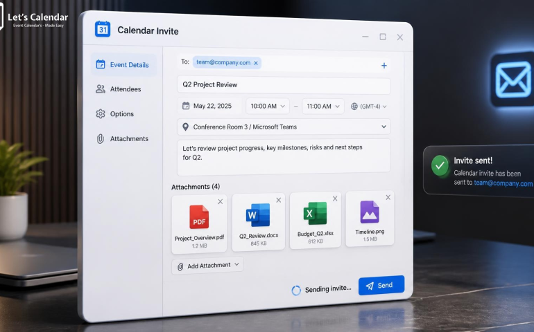 Send calendar invites with attachments using Let's Calendar