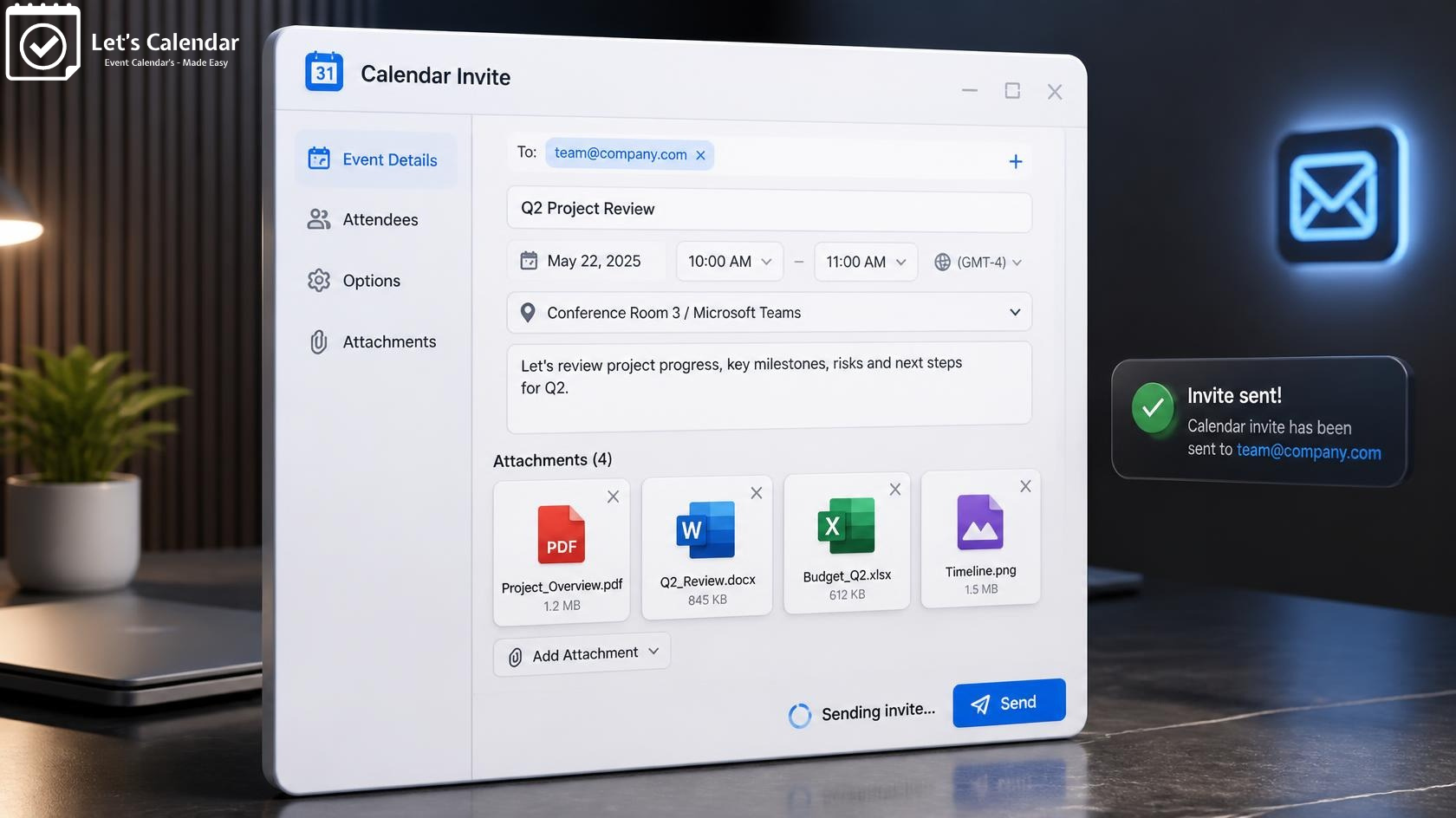 Send calendar invites with attachments using Let's Calendar