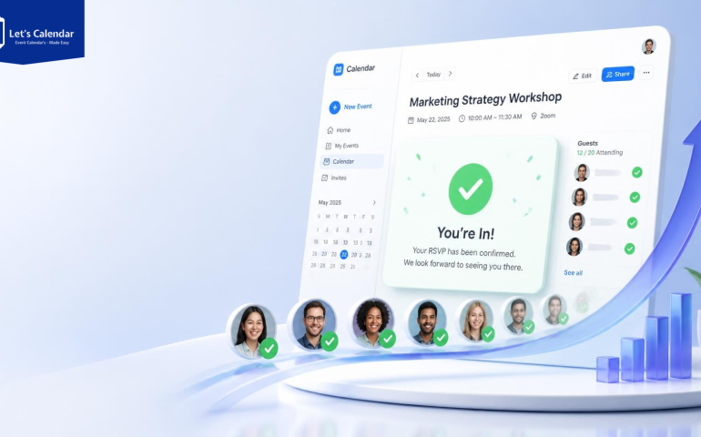 RSVP to calendar invitation workflow showing event registration, calendar blocking, and RSVP tracking