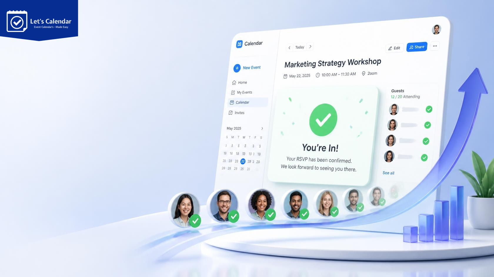 RSVP to calendar invitation workflow showing event registration, calendar blocking, and RSVP tracking